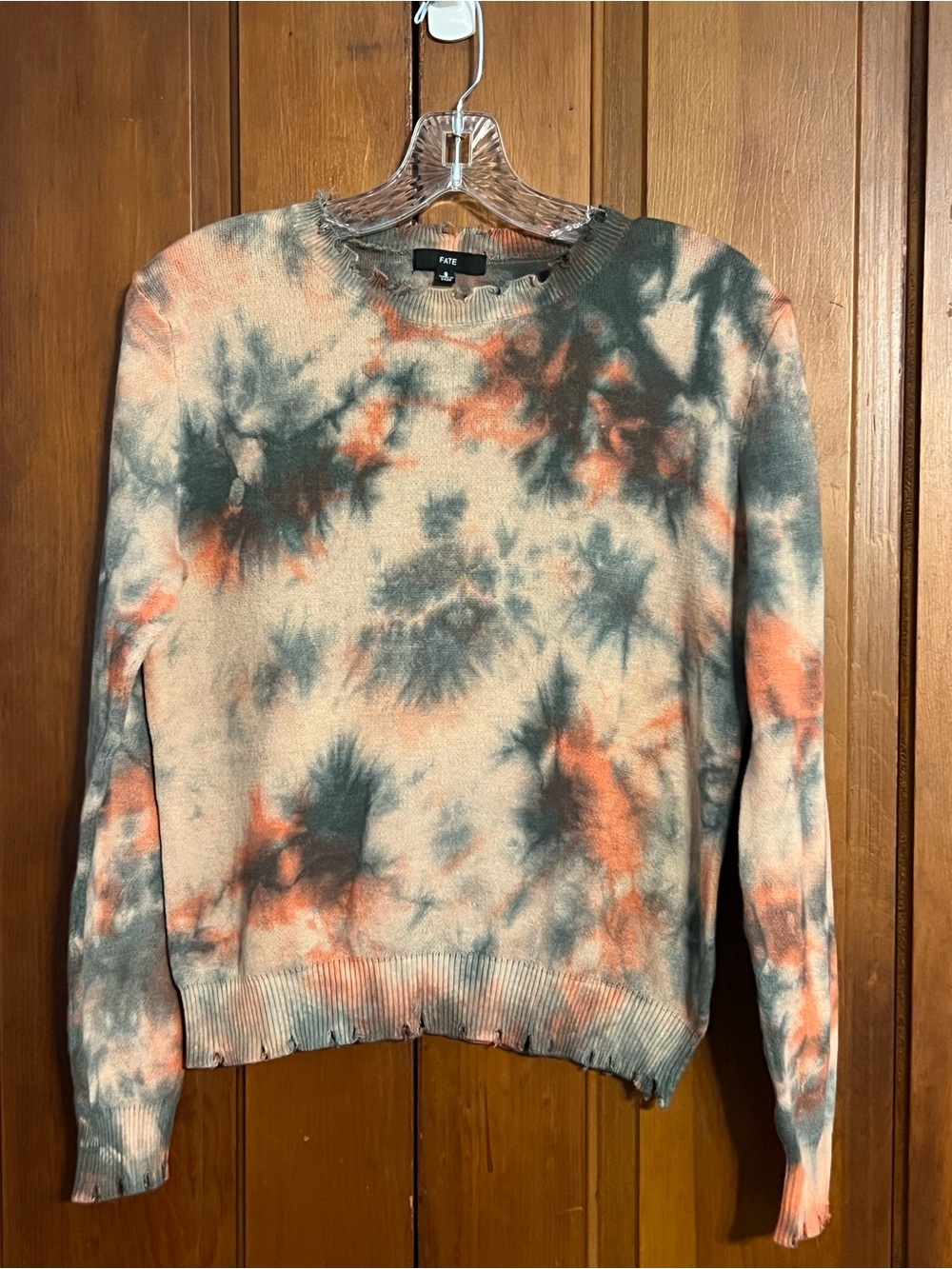 FATE Tie Dye Fall Colors Sweater Distressed Hem Details Size Small Cotton